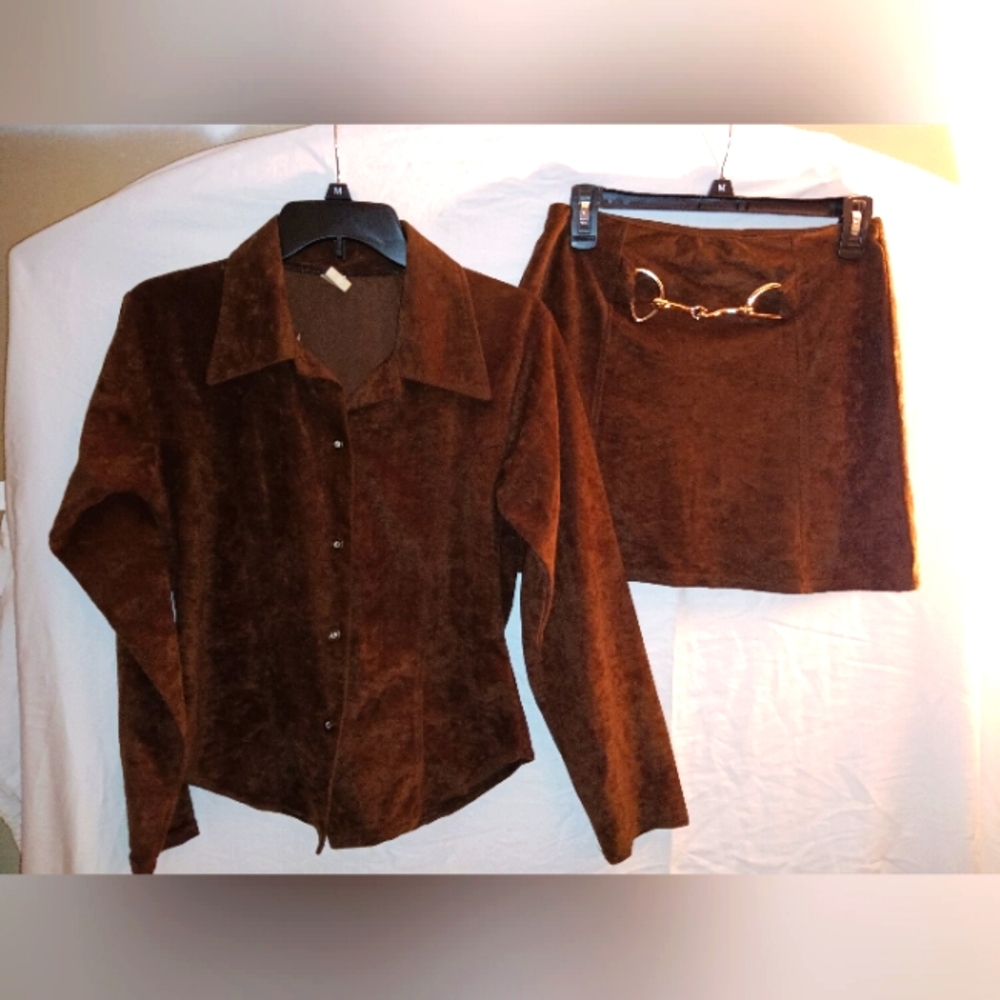 Dark Brown Velvet women's jacket and mini skirt set